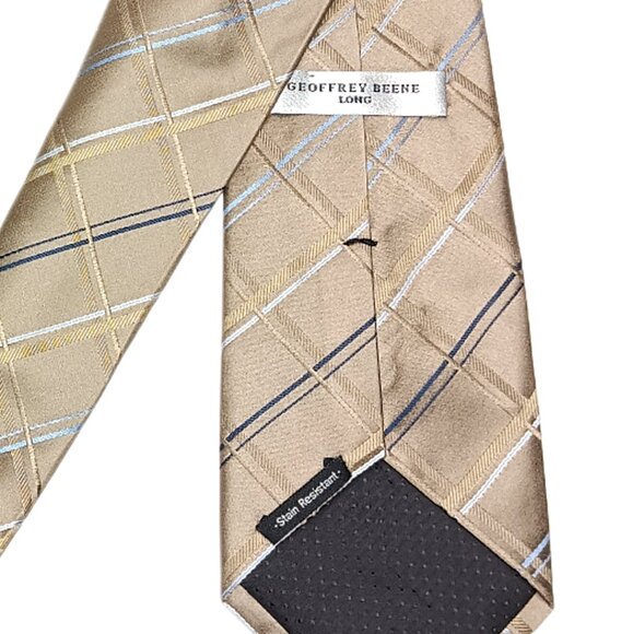 Geoffrey Beene Silk Tie Mens X-Long 65” Taupe Navy Plaid Western Preppy Wide New - Picture 4 of 4